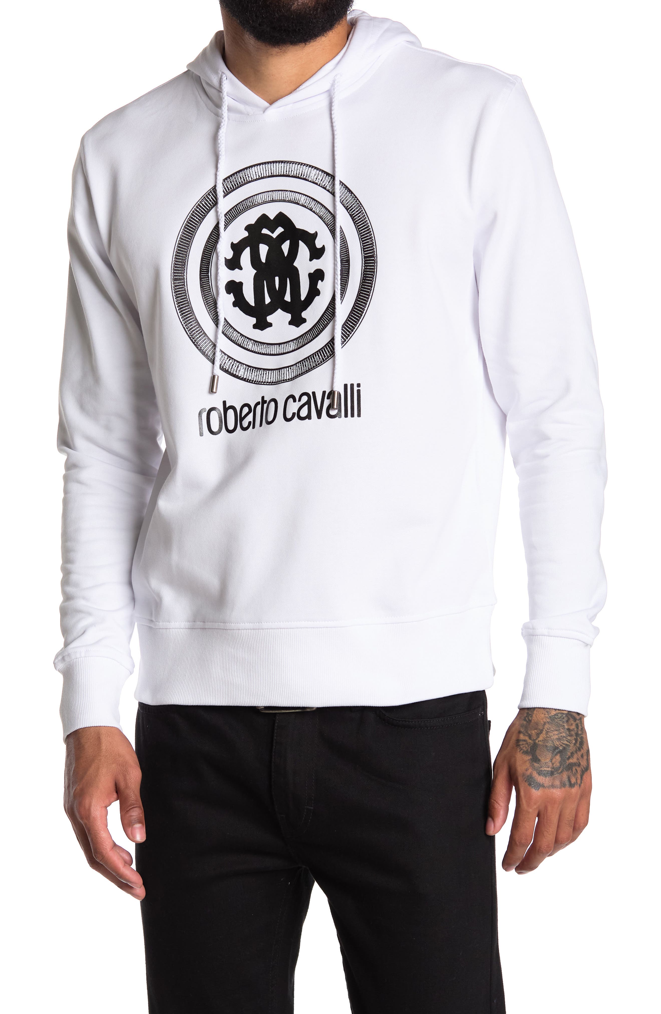 Roberto Cavalli Circle Logo Pullover Hoodie In White