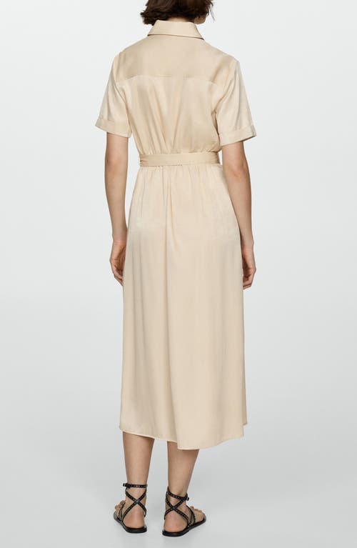 Shop Mango Belted Satin Midi Shirtdress In Beige