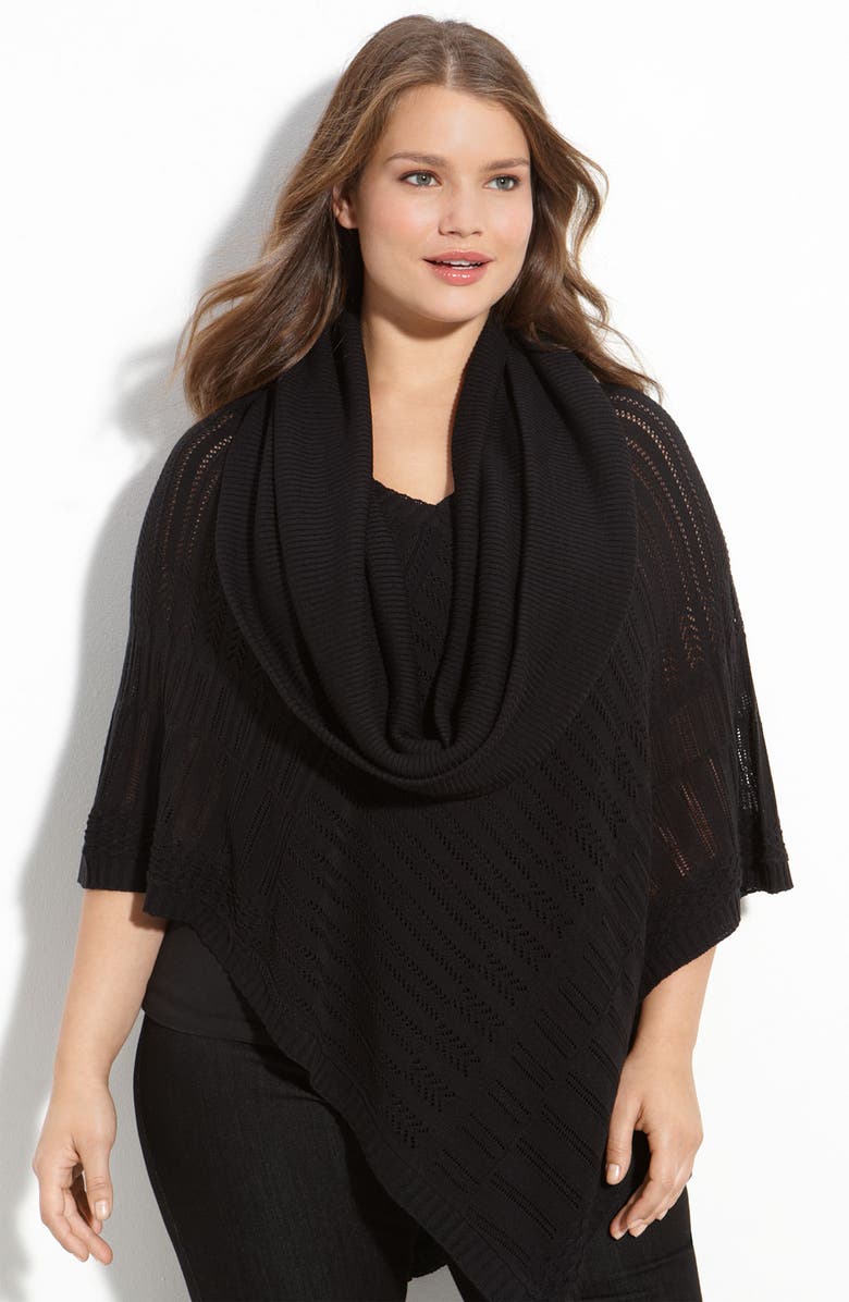 ONE A Crochet Knit Poncho with Cowl, Main, color, Black