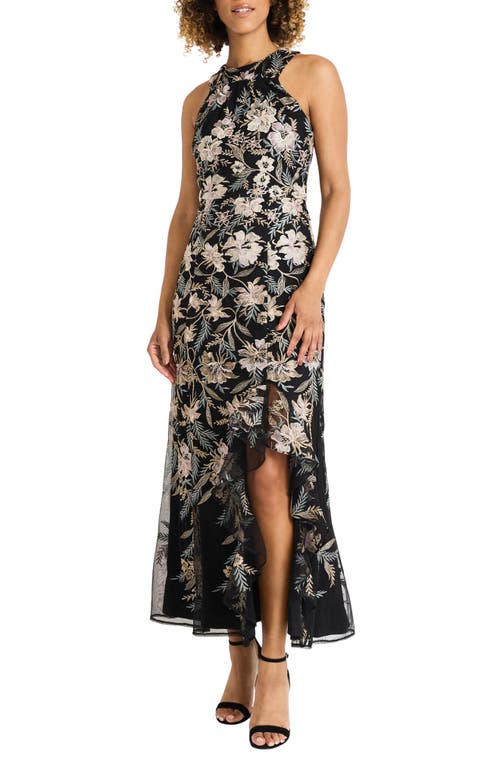 Shop Maggy London Floral Embroidered Mesh Gown In Black/mauve/gold