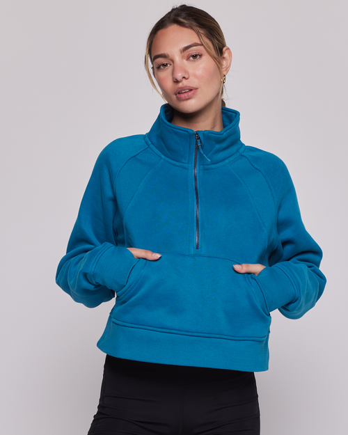 Rebody Active Effortless Fleece Crop Half Zip Sweatshirt In Moroccan Blue