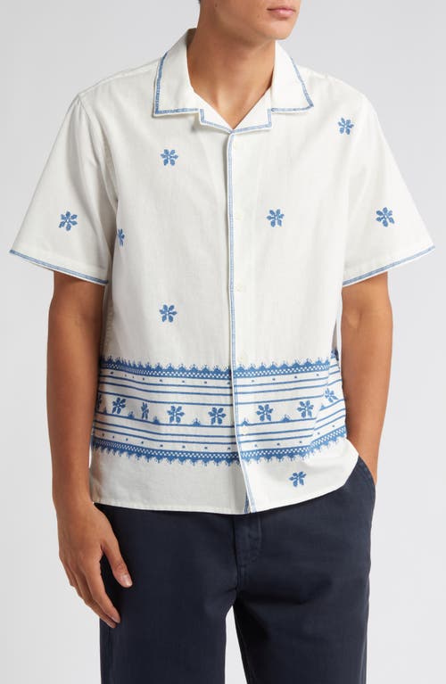 Didcot Daisy Embroidered Cotton & Linen Button-Up Shirt in Ecru/Blue