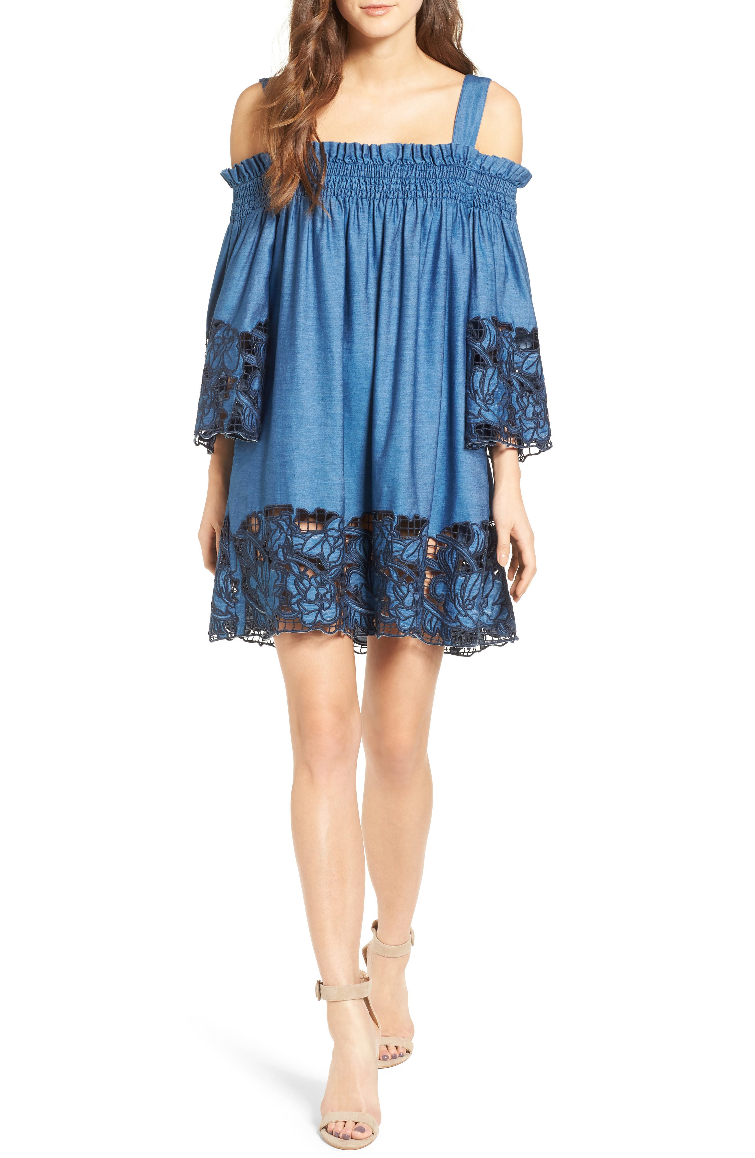 KENDALL + KYLIE Embroidered Chambray Swing Dress Nordstrom
