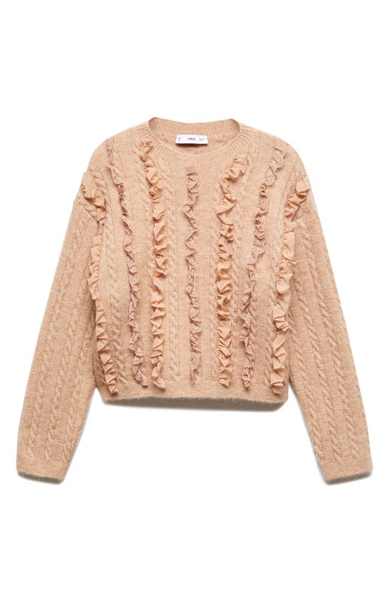 Shop Mango Ruffle Crop Cable Sweater In Pink