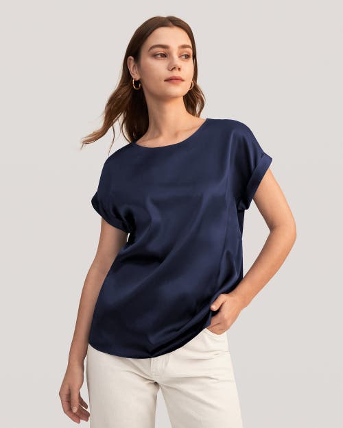 Lilysilk Short Sleeves Round Neck Silk Tee In Navy Blue