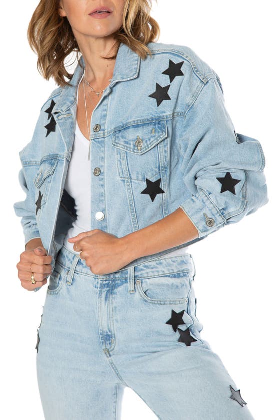 JUICY COUTURE DROP SHOULDER DENIM JACKET WITH FAUX LEATHER STARS