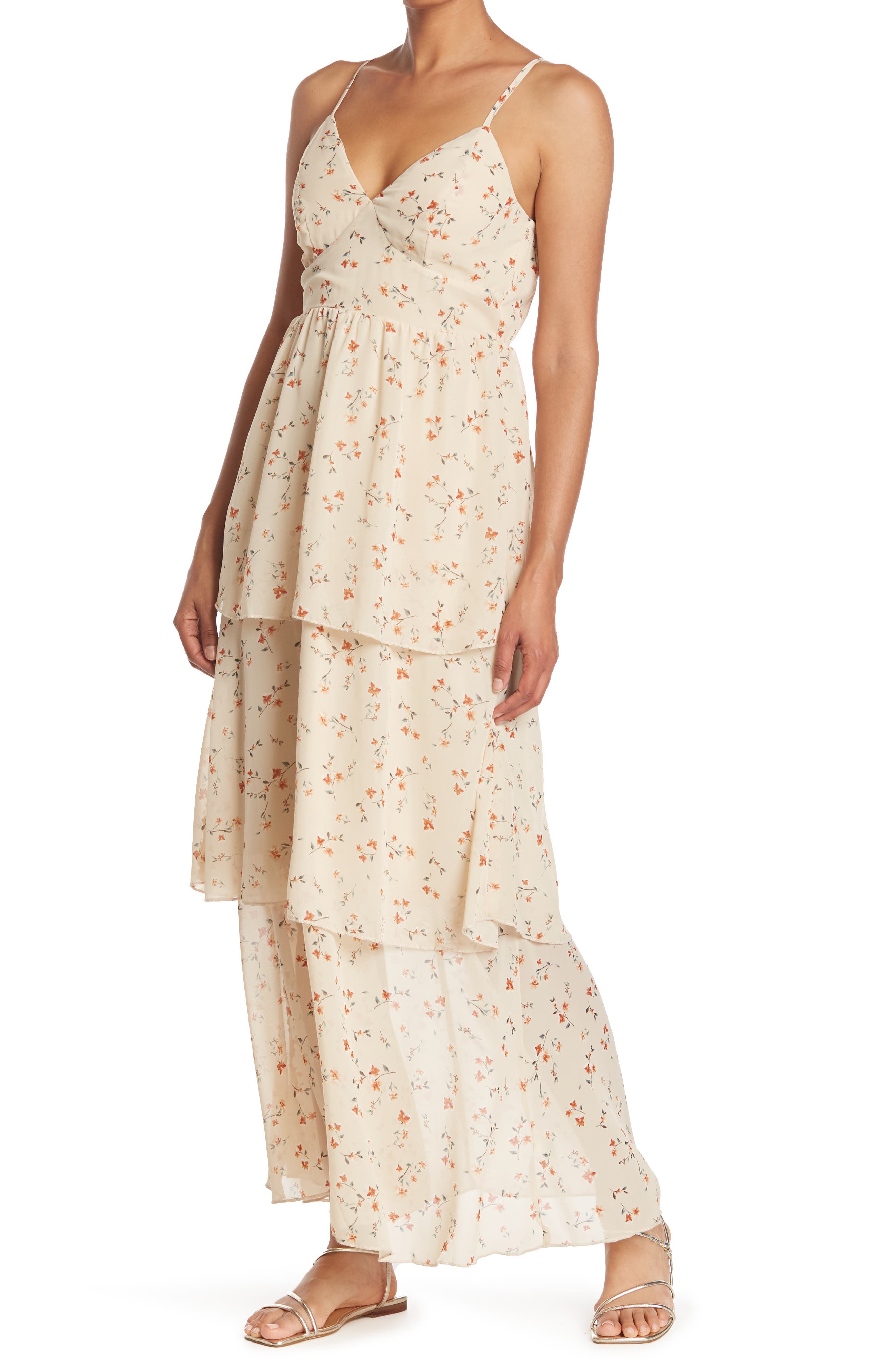Bailey Blue Printed Tiered Sleeveless Maxi Dress In Taupe Fore