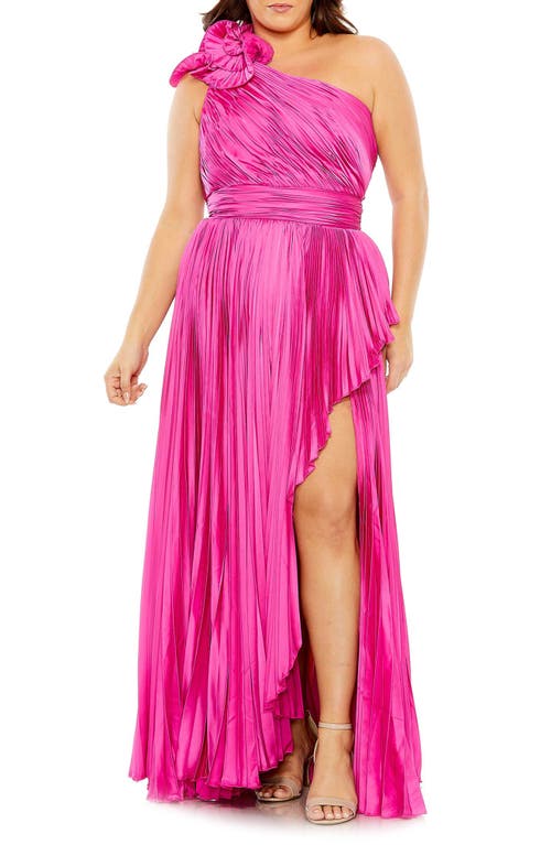 Rosette One-Shoulder Pleated Gown in Hot Pink