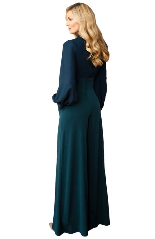 Shop Hotsquash London Clothing Blouson Sleeve Wide Leg Jumpsuit In Woodland Teal