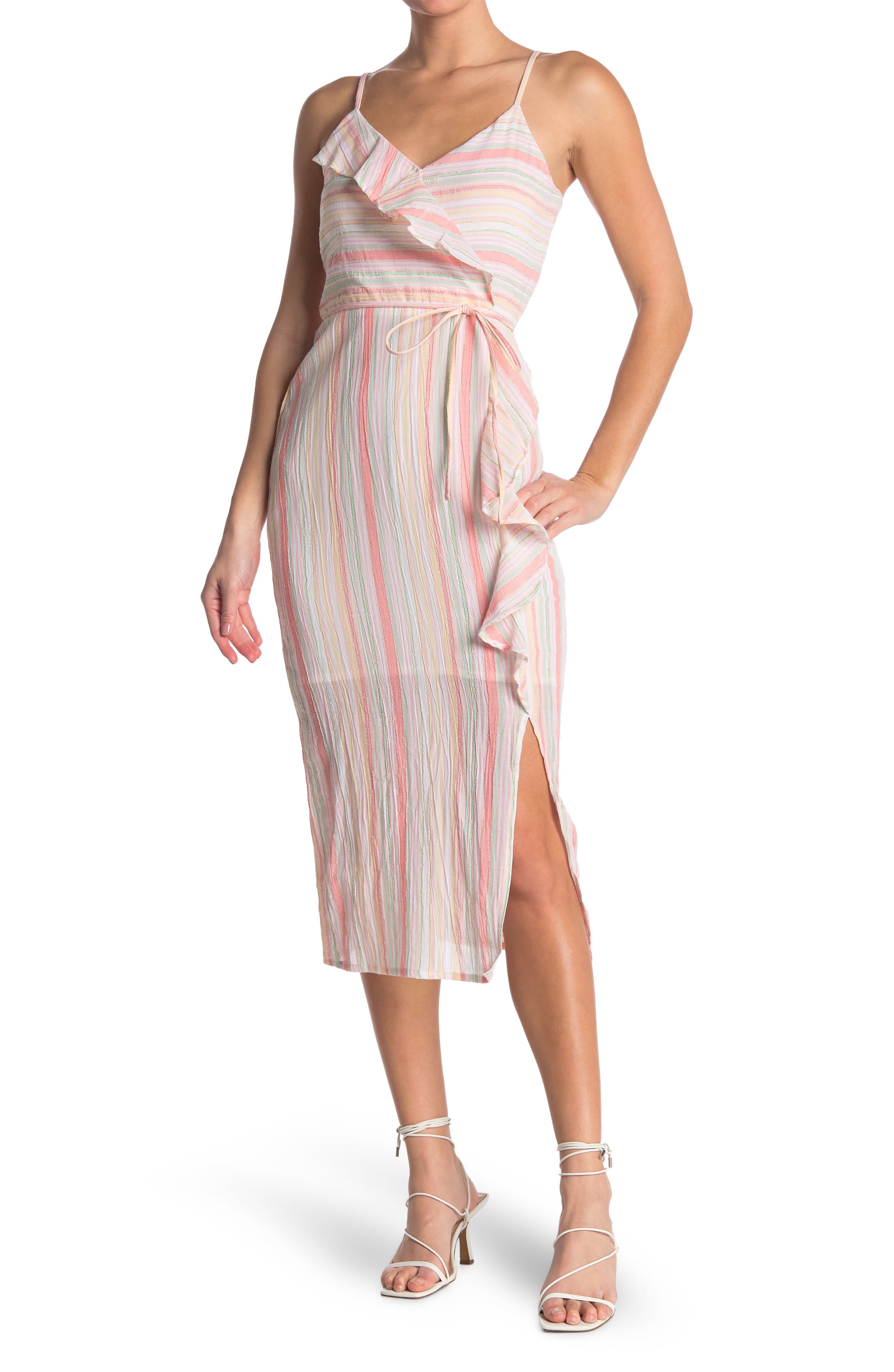 NSR EFFIE STRIPED RUFFLED WRAP MIDI DRESS 846563058351