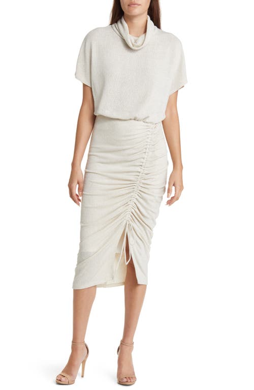 Iliana Ruched Skirt Cowl Neck Midi Dress in Sparkling Champagne