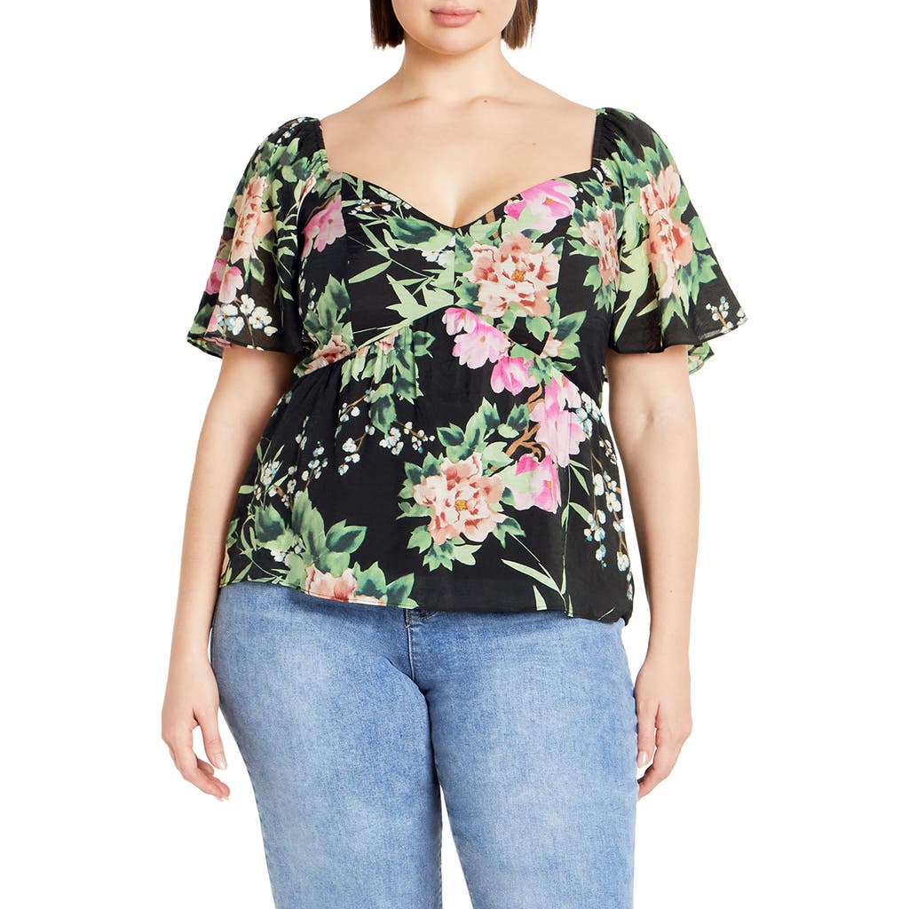 City Chic Marci Floral Flutter Sleeve Top In Black Sweet Blossom