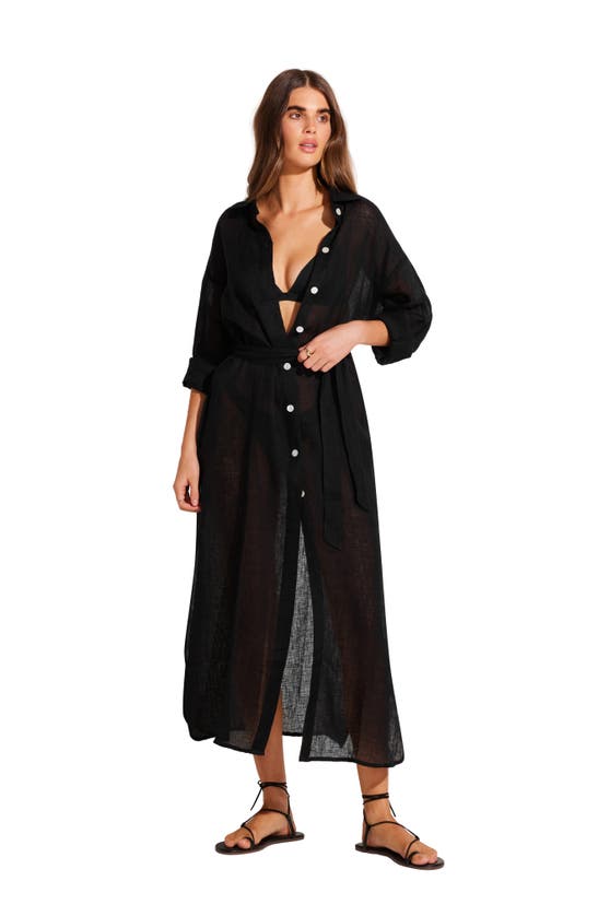 Shop Vitamin A Playa Long Seeve Linen Cover-up Maxi Shirtdress In Black Eco Linen