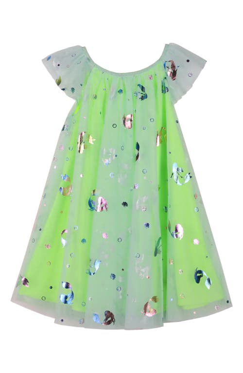 Shop Zunie Kids' Flutter Sleeve Foil Mermaid Tulle Dress In Aqua/lime