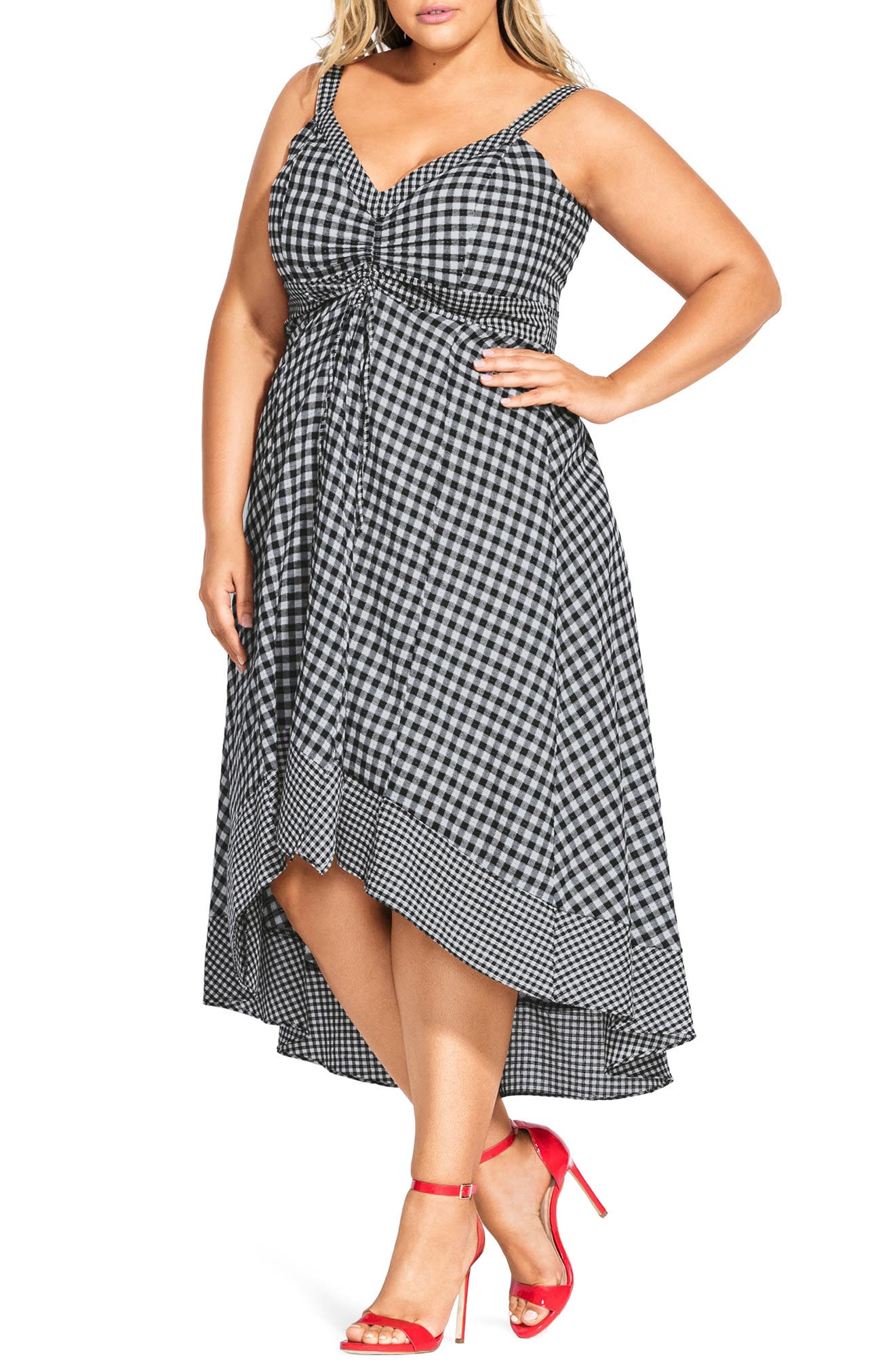 Plus Size City Chic Darling Mix Gingham Asymmetrical Hem Cotton Blend Sundress, Black