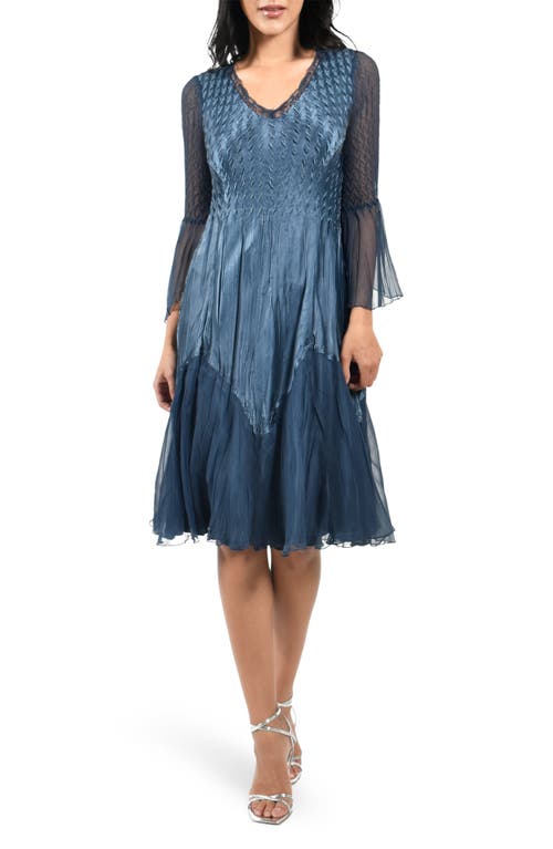 Bell Sleeve Charmeuse & Chiffon A-Line Dress in Eclipse