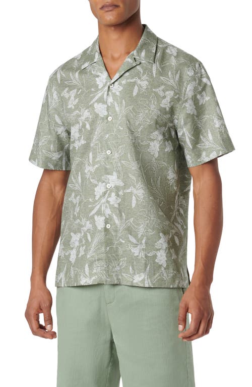 Bugatchi Orson Floral Linen & Cotton Camp Shirt Olive at Nordstrom,