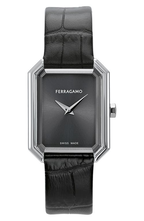 FERRAGAMO Crystal Leather Strap Watch, 27mm x 34mm in Stainless Steel Black at Nordstrom