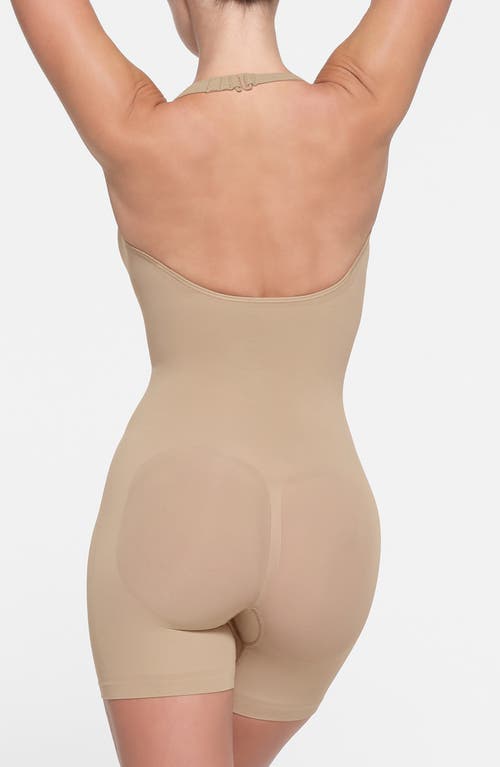 Shop Skims Seamless Sculpt Plunge Mid Thigh Bodysuit In Clay