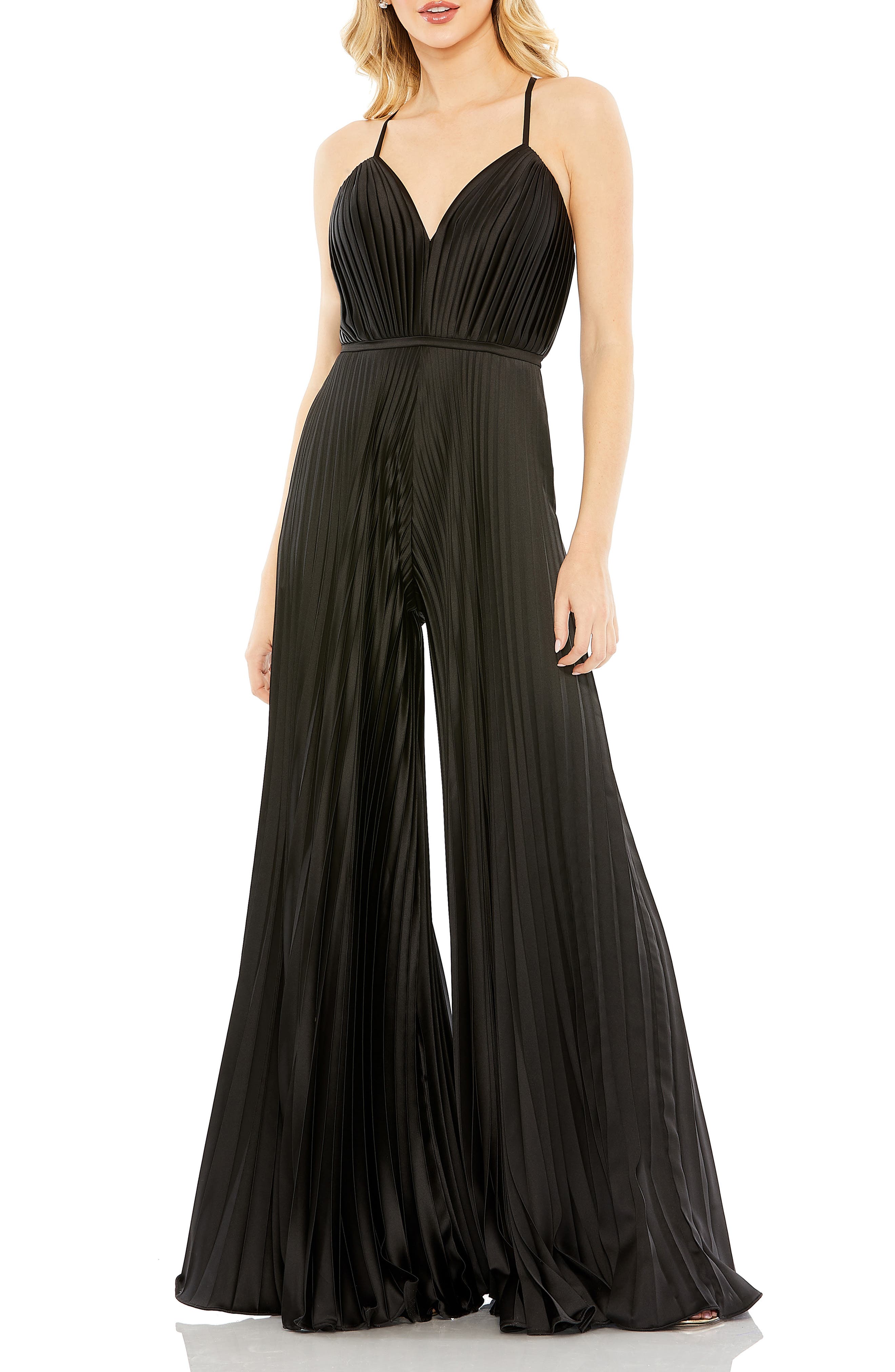 pleated satin wide leg jumpsuit ieena for mac duggal