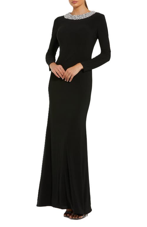 Mac Duggal Jersey Long Sleeve Fitted Gown With Beaded Neck In Black