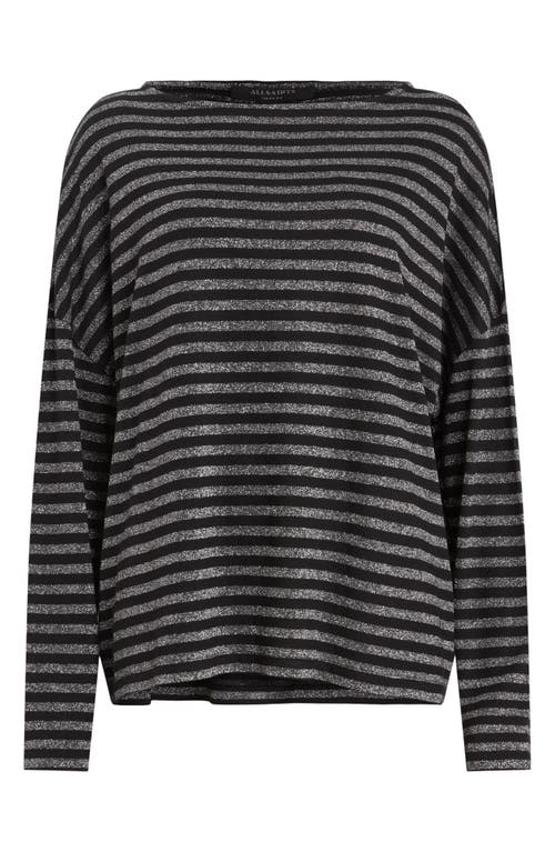 Allsaints Rita Stripe Long Sleeve Boat Neck T-shirt In Black Shimmer