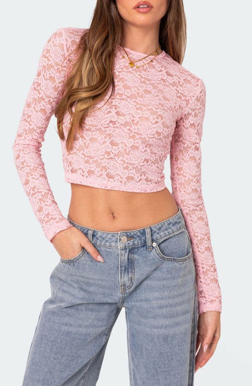 EDIKTED Estella Sheer Lace Crop Top Pink at Nordstrom,