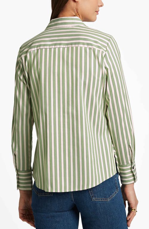 Shop Foxcroft Mary Stripe Stretch Button-up Shirt In Olive/neutral