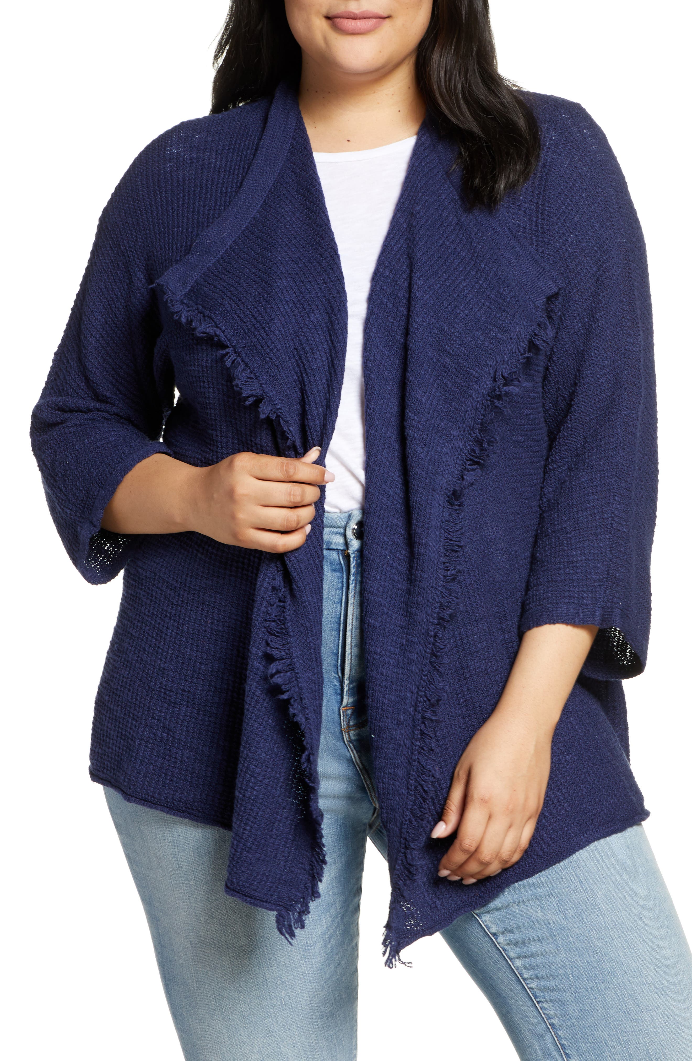 Plus Size Caslon Fringe Open Front Dolman Cardigan, Blue