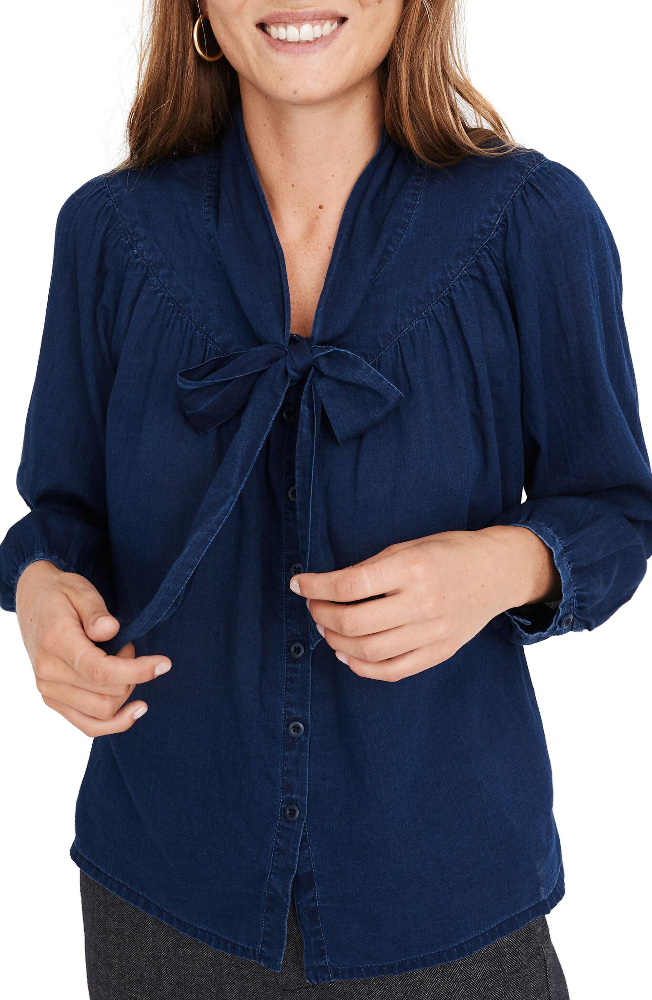 tie neck denim shirt