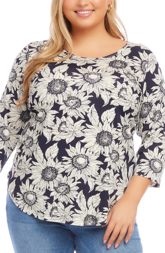 Karen Kane Floral Print Knit Shirttail Top In Navy Floral