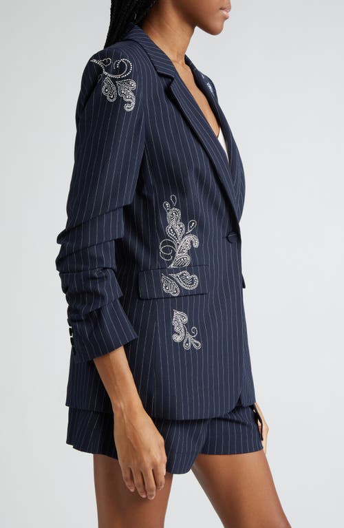 Shop Cinq À Sept Khloe Beaded Paisley Detail Pinstripe Blazer In Navy/ivory