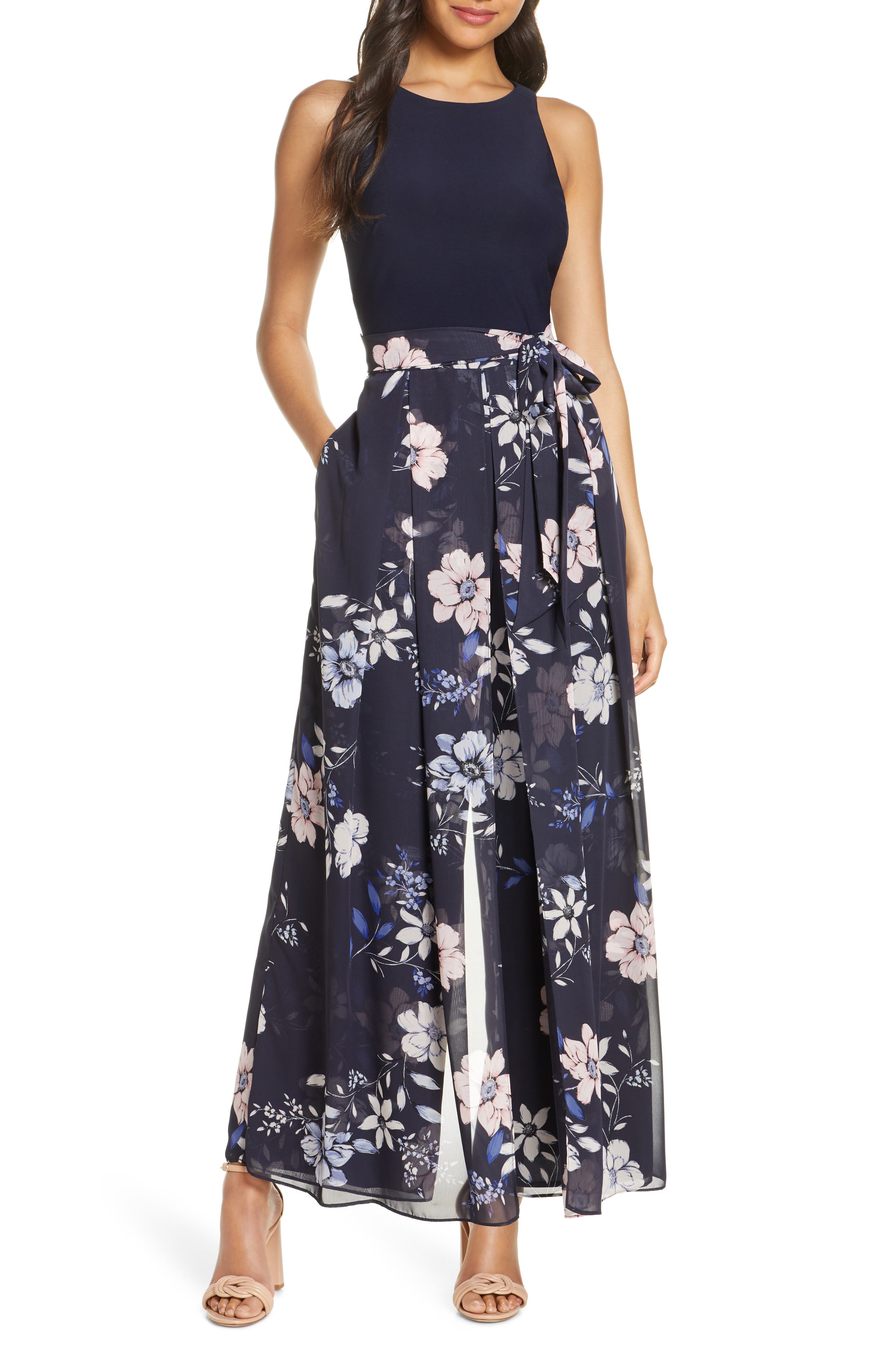 vince camuto floral detail chiffon jumpsuit