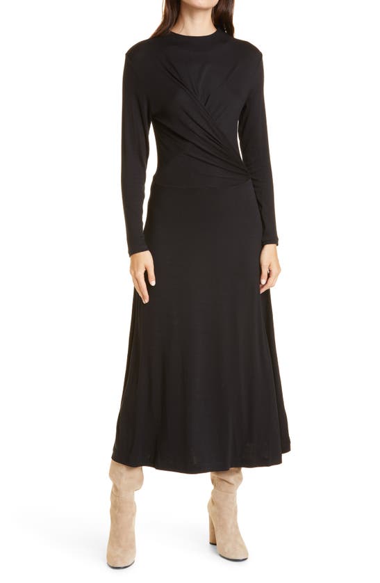 Vince Long Sleeve Drape Front Knit Midi Dress In Black | ModeSens