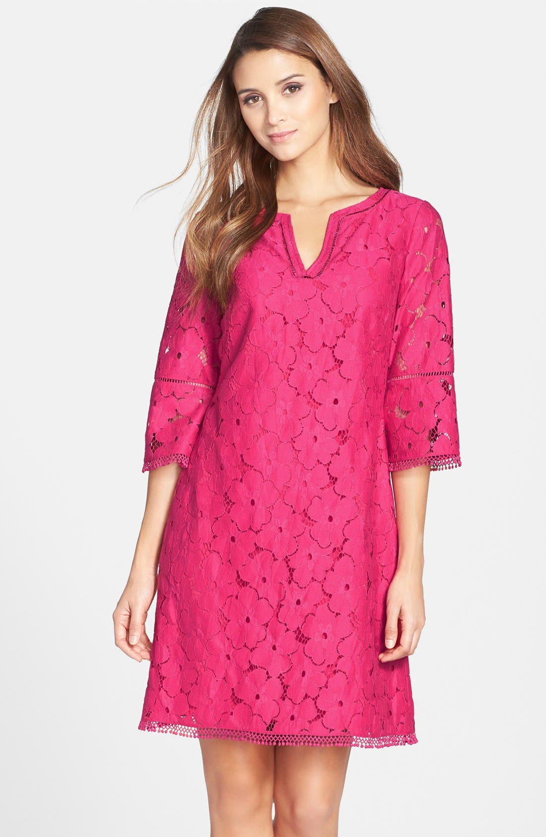 Adrianna Papell Floral Lace Bell Sleeve Shift Dress (Regular & Petite