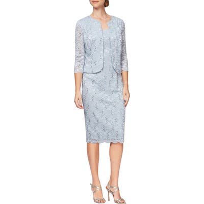 Alex Evenings Sequin Lace Shift Dress With Jacket, Blue