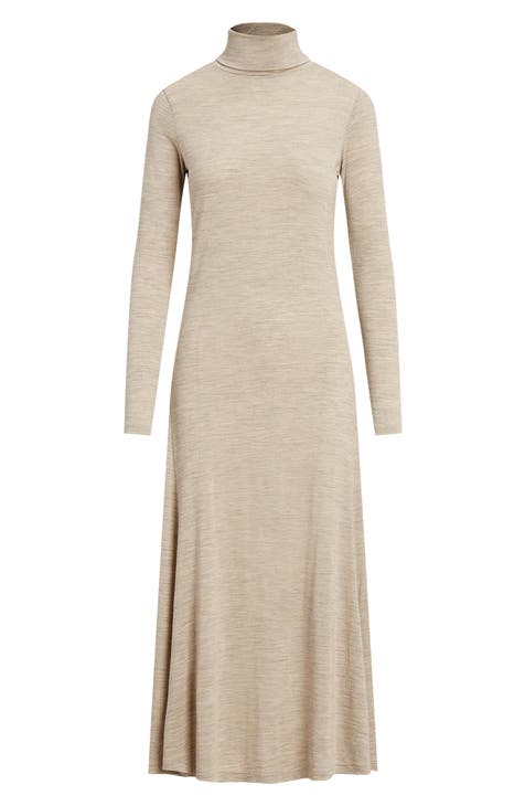 Long Sleeve Turtleneck Wool Blend Jersey Dress
