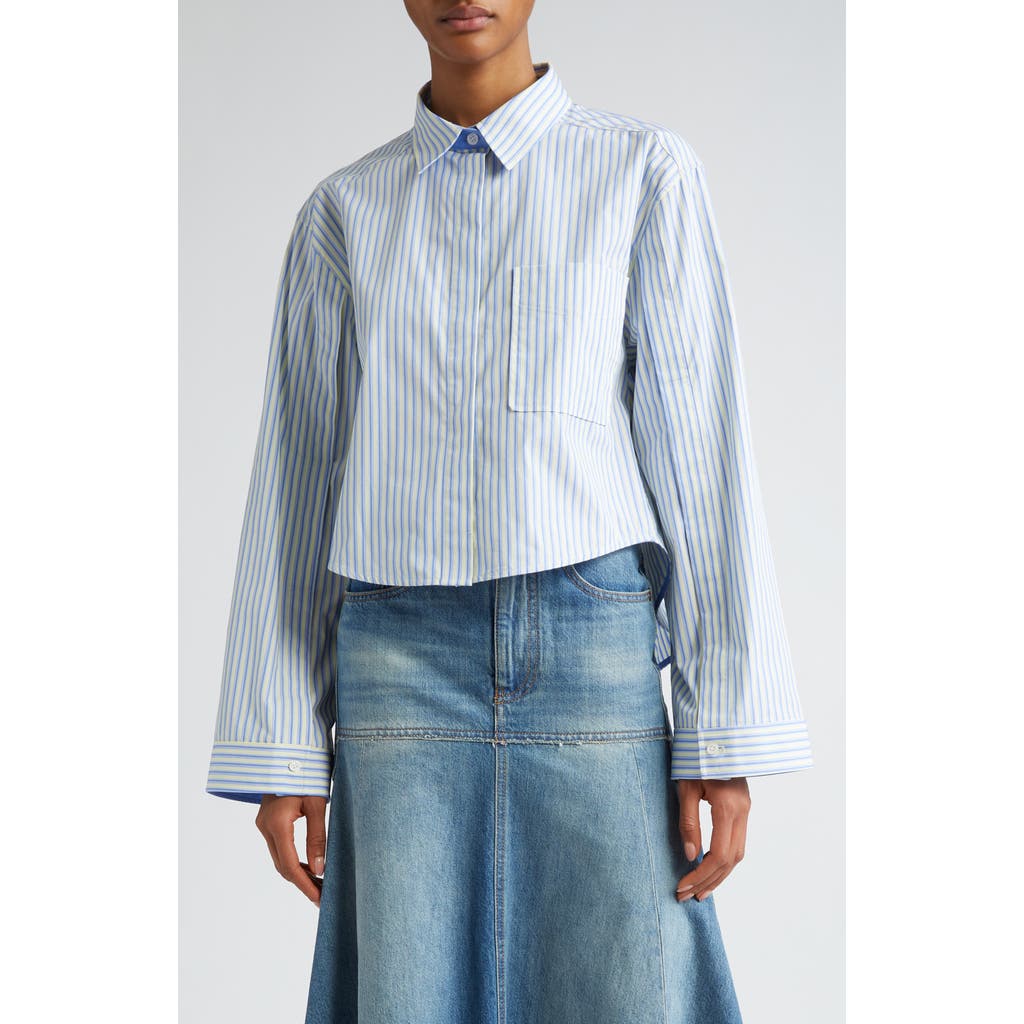 Victoria Beckham Stripe Crop High-low Organic Cotton Button-up Shirt In Chamomile/oxford Blue