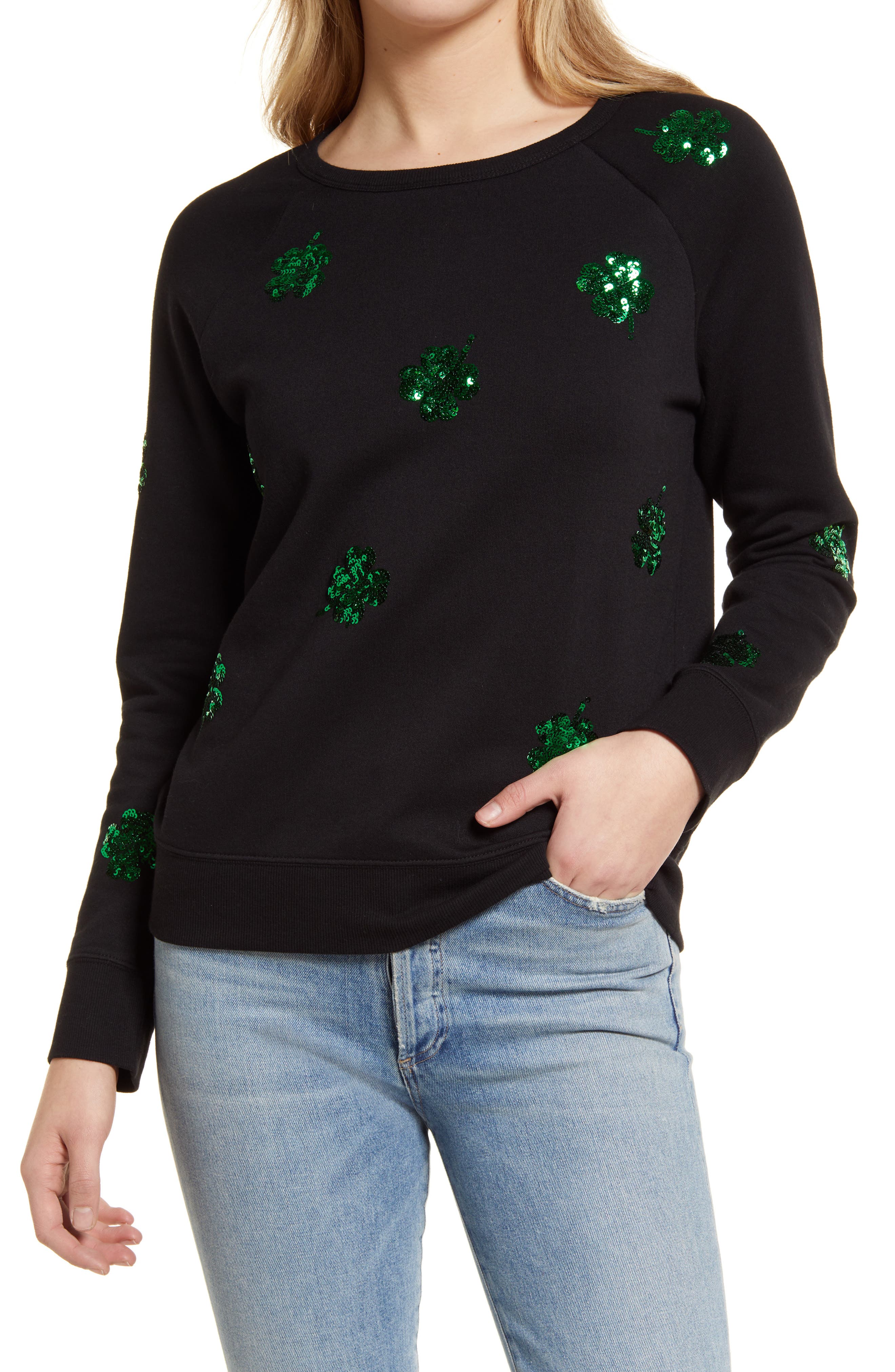 Caslon(R) Caslon Sequin Clover Graphic Sweatshirt in Black