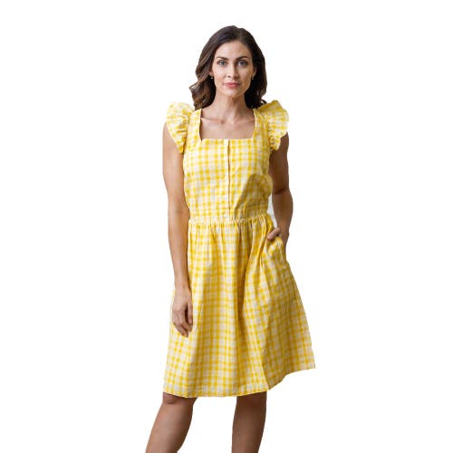 Hope & Henry Womens' Flutter Sleeve Sun Dress In Yellow Plaid Linen