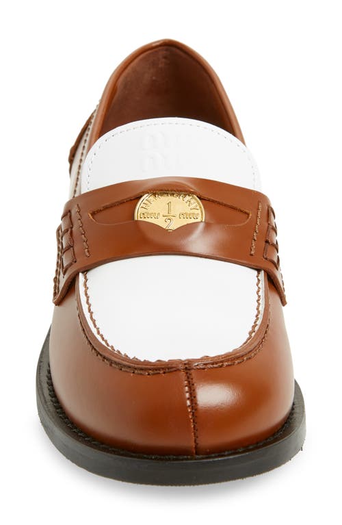 Shop Miu Miu Colorblock Penny Loafer In Cognac/white