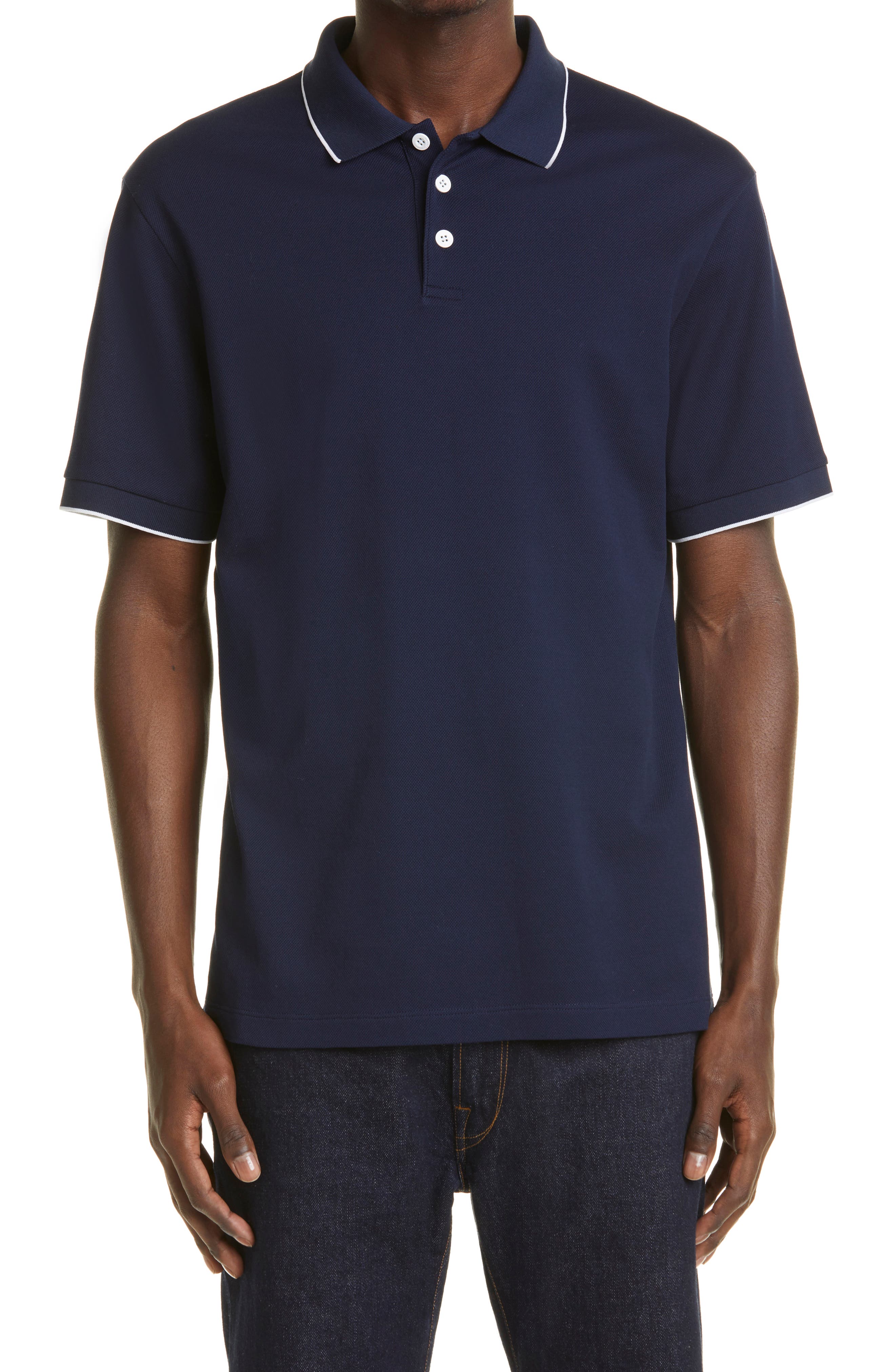Giorgio Armani Tipped Short Sleeve Cotton Polo in Navy/White at Nordstrom, Size 44 Us