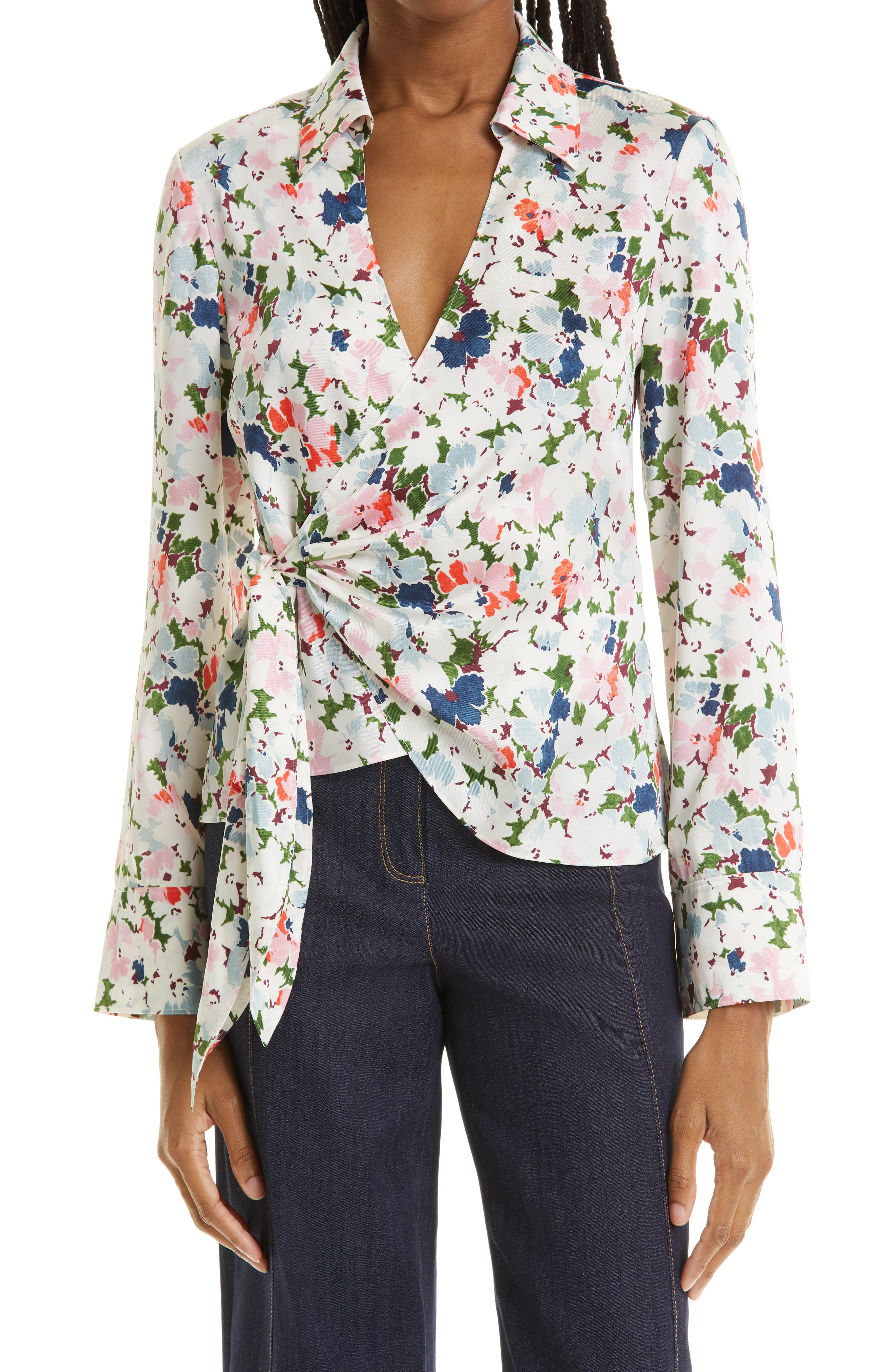 MILLY Womens Wildflower Printed on Silk Long Sleeve V-Neck Maggie Top 