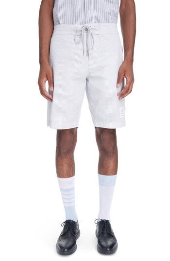 Thom Browne Seersucker Stripe-print Swim Shorts In Medium Grey
