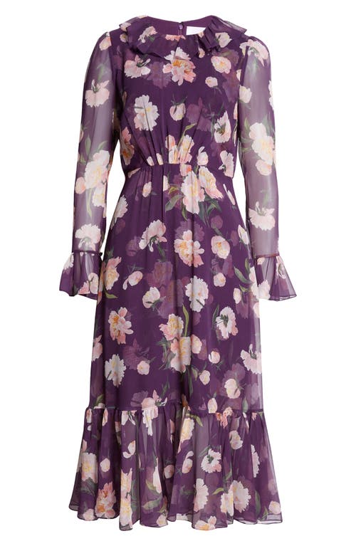 Shop Carolina Herrera Floral Print Ruffle Neck Long Sleeve Silk Chiffon Midi Dress In Fig Multi