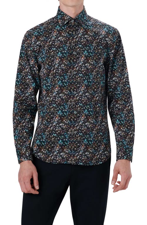 Bugatchi Shaped Fit Abstract Print Stretch Cotton Button-Up Shirt in Black at Nordstrom, Size Xx-Large