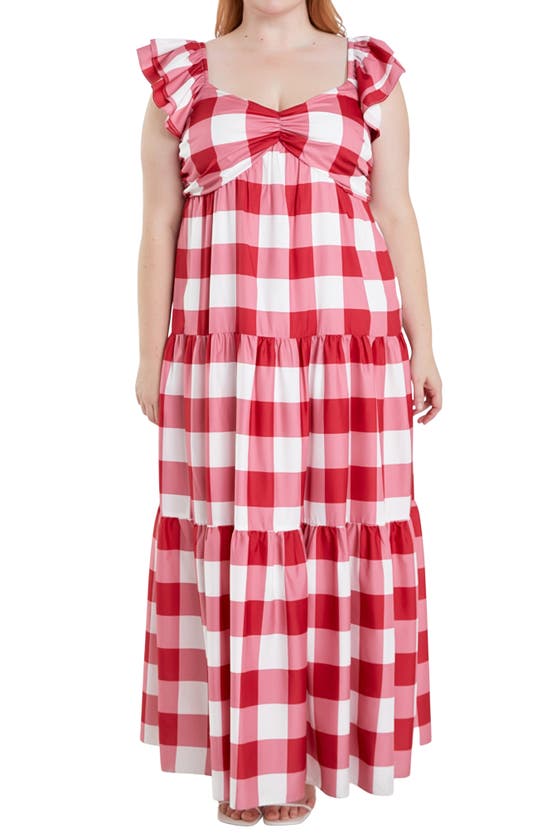 Shop English Factory Gingham Tiered Maxi Dress In Red/ White