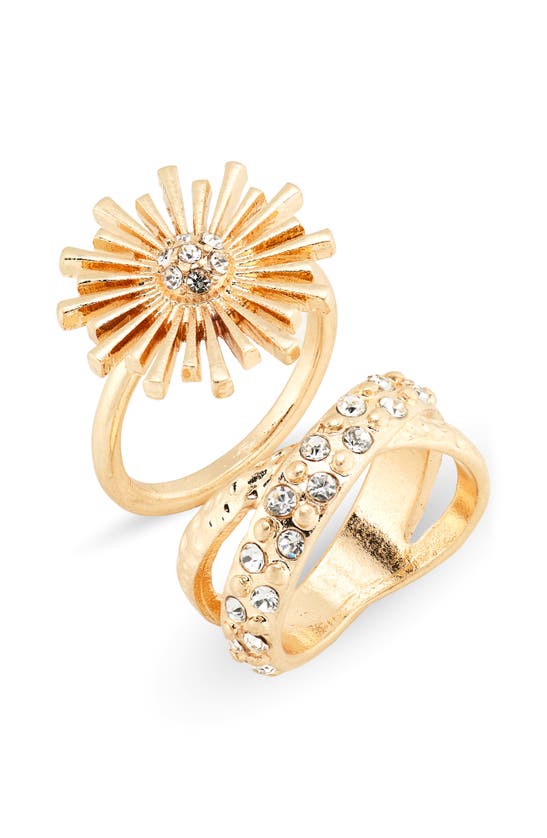 Melrose And Market Set Of 2 Crystal Sunburst & Crossover Band Rings In Clear- Gold