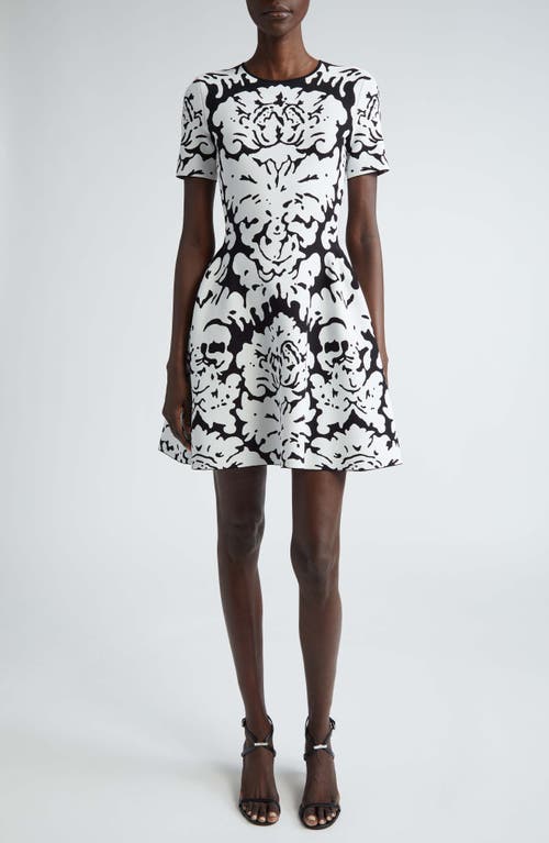 Alexander McQueen Damask Jacquard Knit Fit & Flare Dress Black/White at Nordstrom,