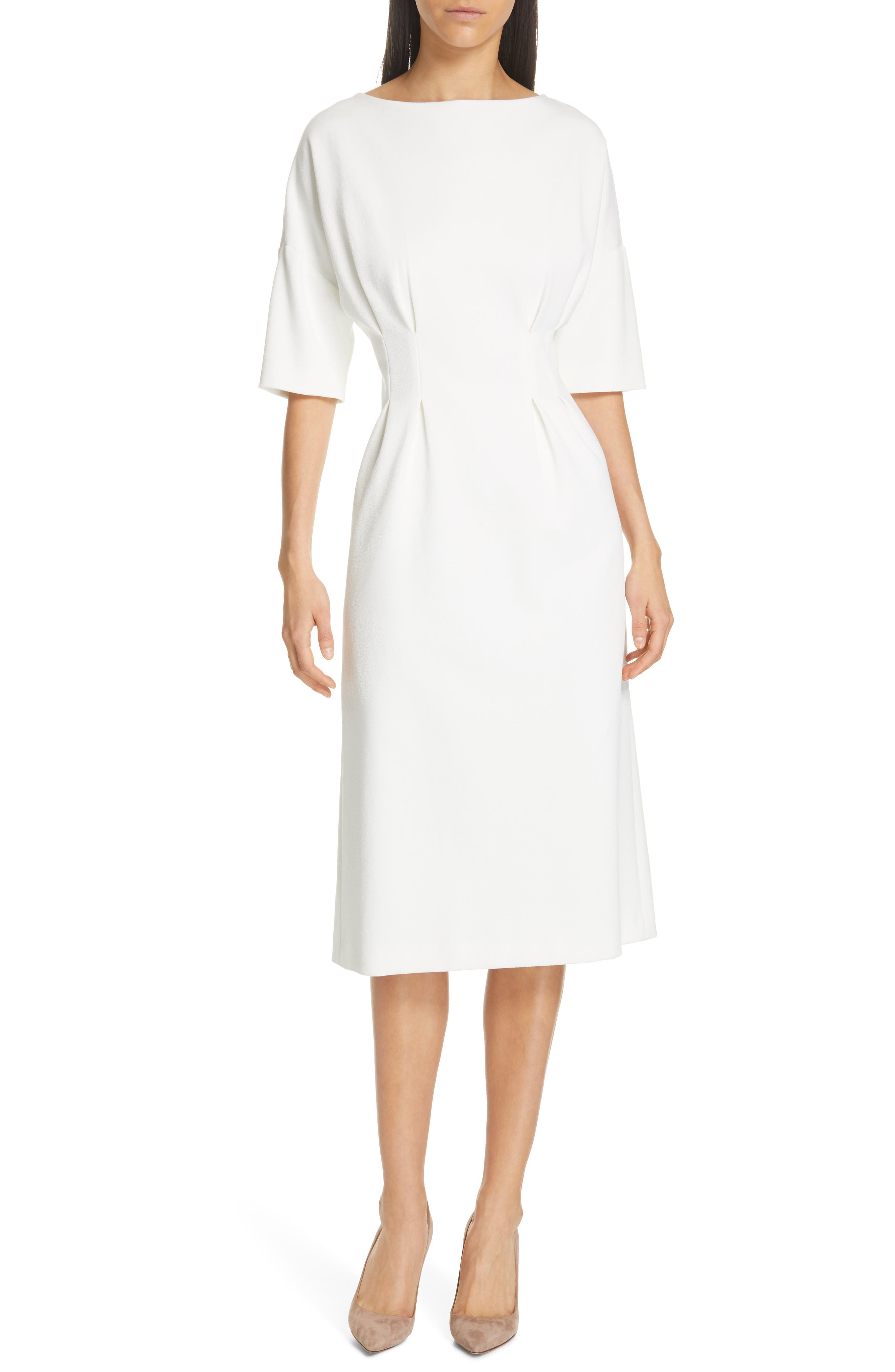 Judith & Charles Symbol Box Pleat Detail Midi Dress, Ivory